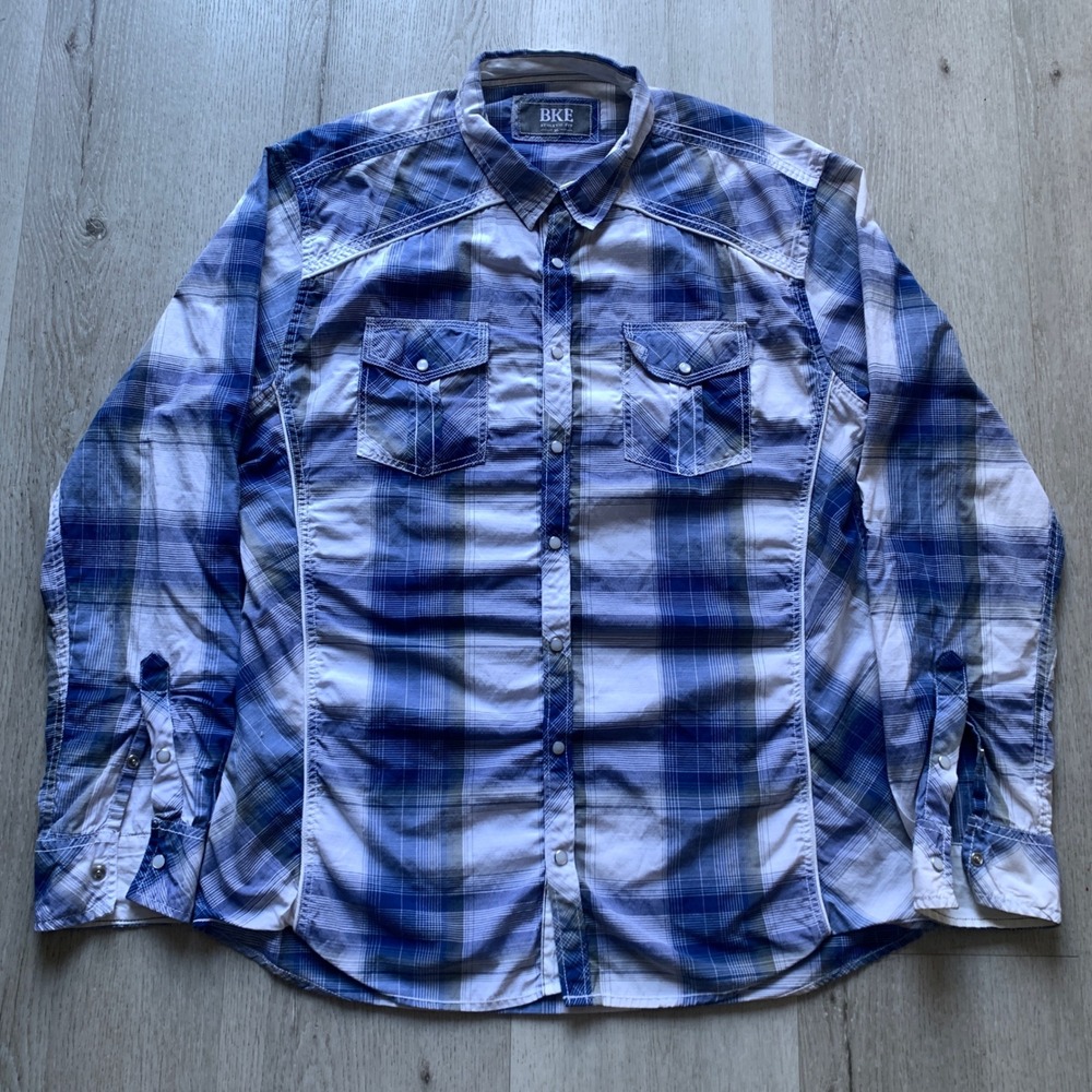 BKE Mens XL‎ Athletic Fit Blue Plaid Pearl Snap Western Shirt cowboy long sleeve